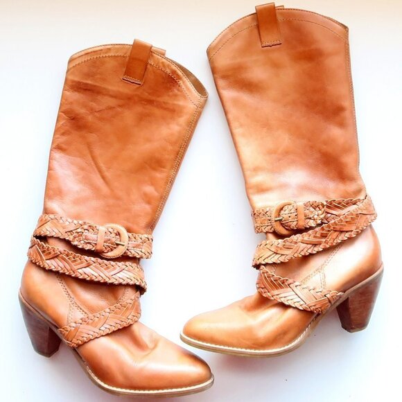 Roots Shoes - Roots Brazilian Almond Toe Block Heel Western Cowgirl Tall Riding Boots Size 8